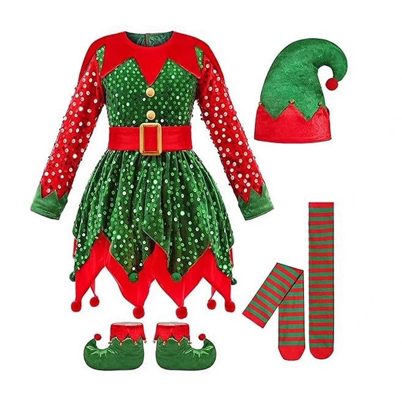 Christmas elf costume set with dress, hat, shoes, and socks on a white background