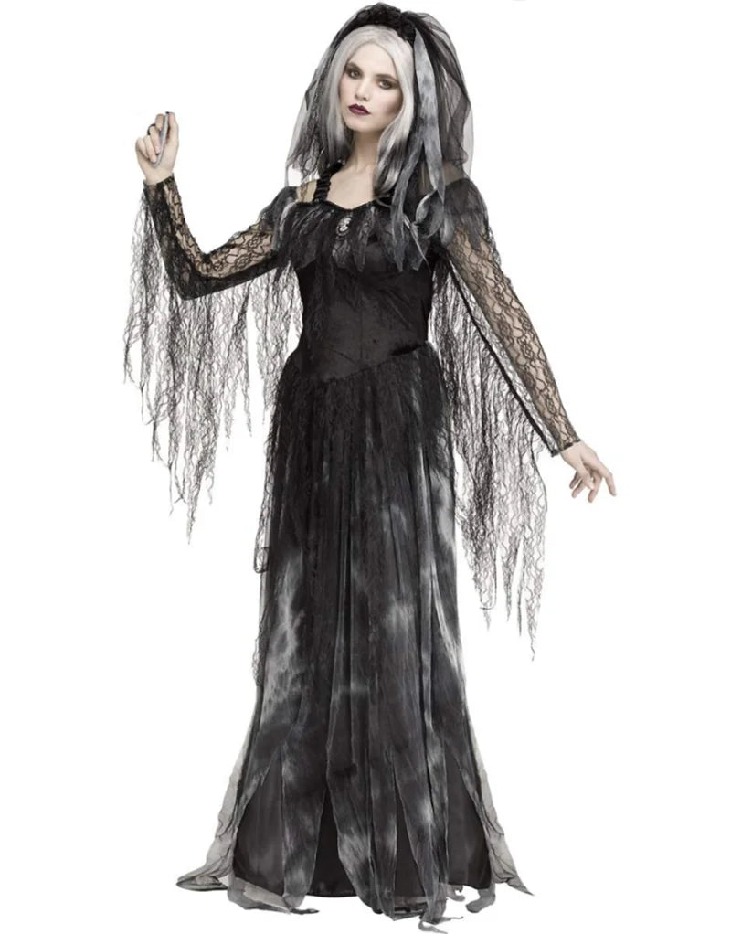 Gothic Ghost Bride Costume – Halloween Vampire & Witch Dress Set for Women