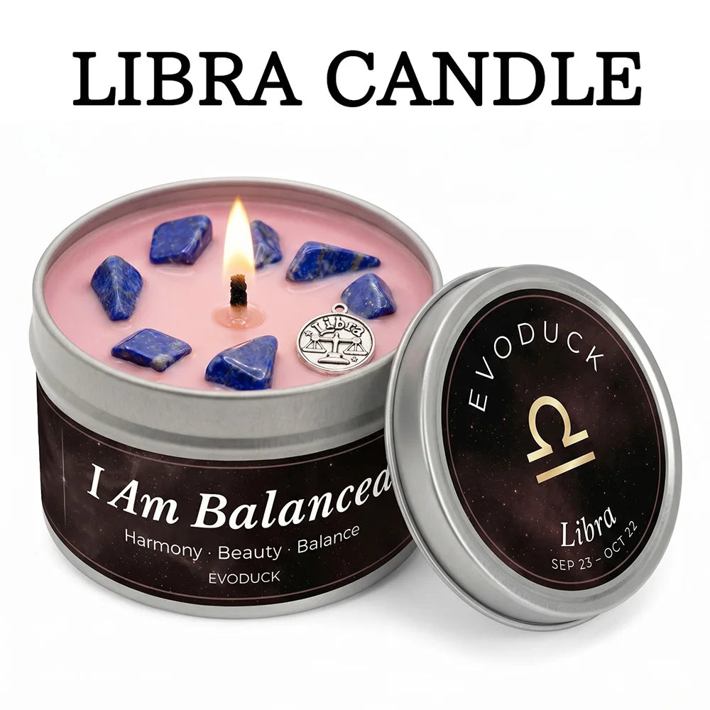 Libra candle in a tin with decorative stones and 'I Am Balanced' text, branded as Evoduck.