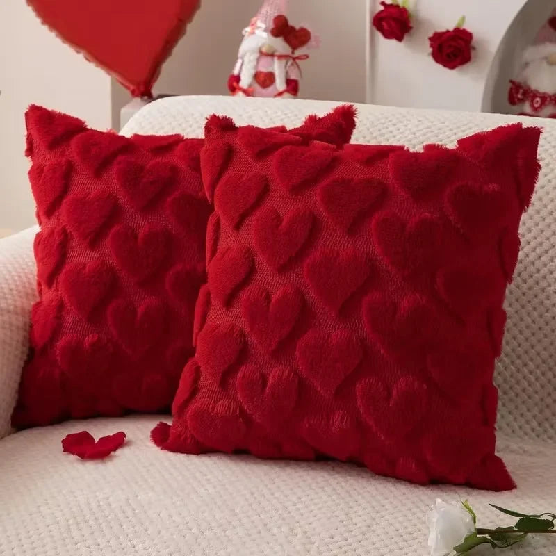 Valentine’s Day Plush Pillow Cover with Embroidered Heart