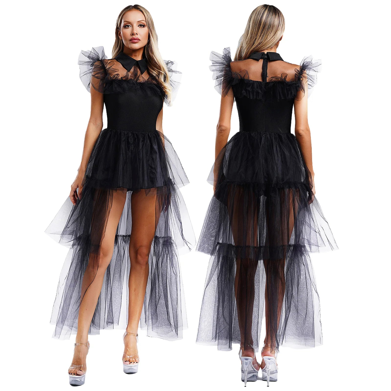 Gothic Witch Halloween Costume for Adults – Ruffled Mesh Long Dress with Belt