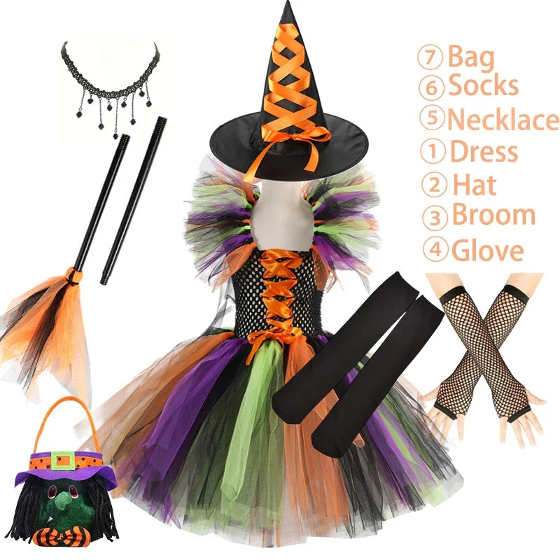 Kids Witch Costume – Hat, Broom & Accessory Options (Multicolor)