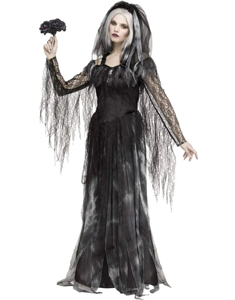 Gothic Ghost Bride Costume – Halloween Vampire & Witch Dress Set for Women - candletown.net