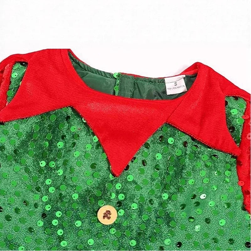 Green sequined top with red collar on a white background