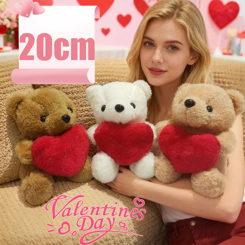 Woman holding three teddy bears with red hearts and 'Valentine's Day' text in a promotional setting.