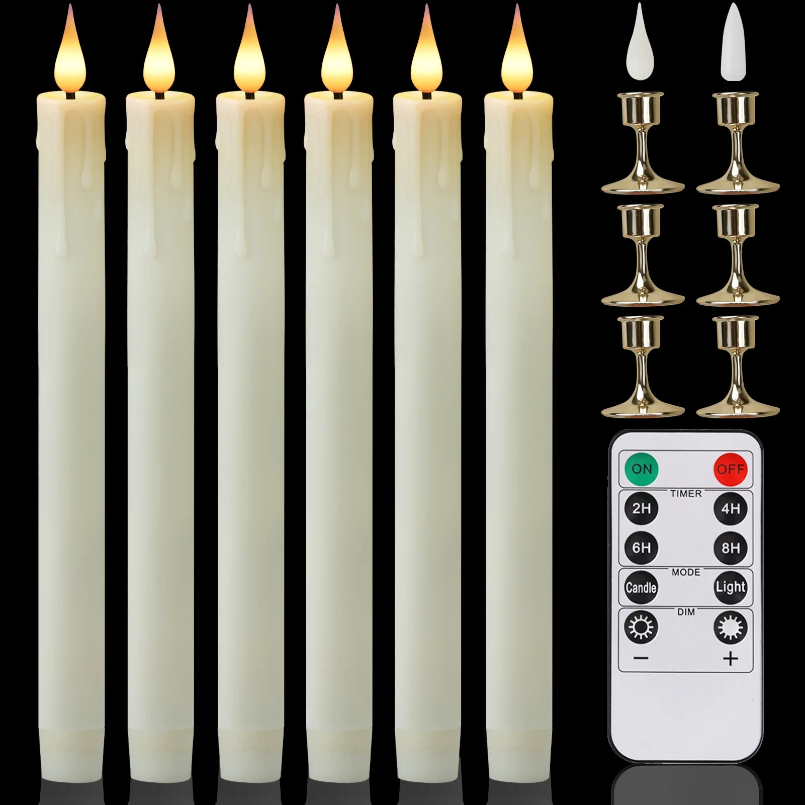 6Pcs Flameless LED Taper Candle Set with Timer and Holders