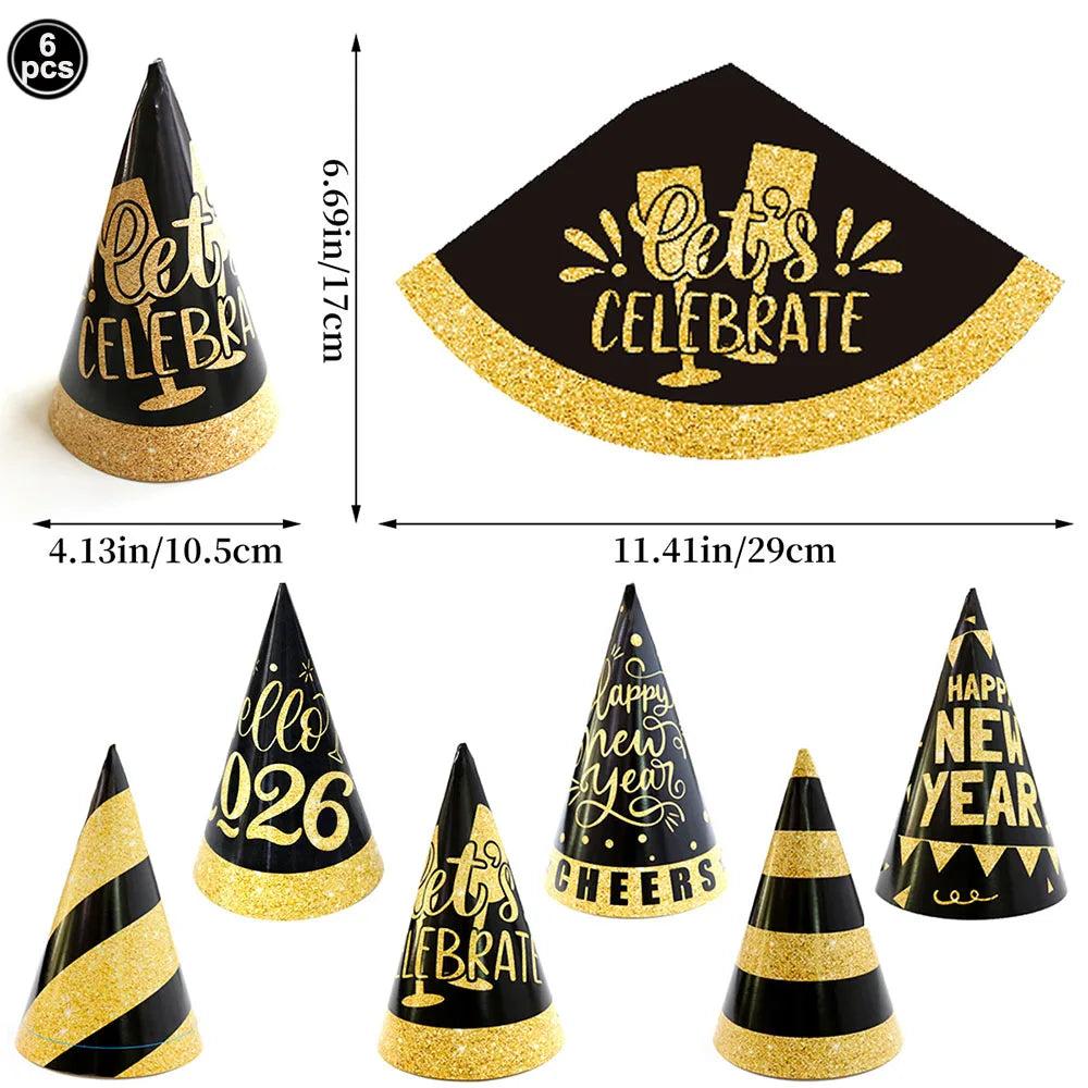 6pcs Black & Gold 2026 New Year Paper Cone Hats