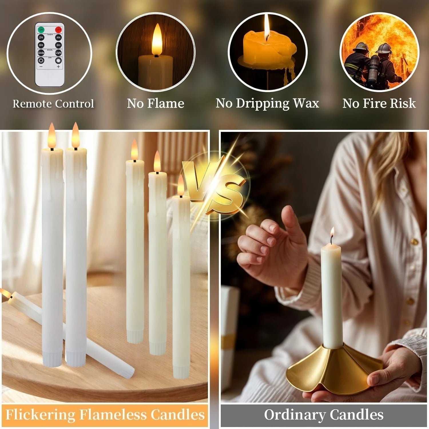 6Pcs Flameless LED Taper Candle Set with Timer and Holders