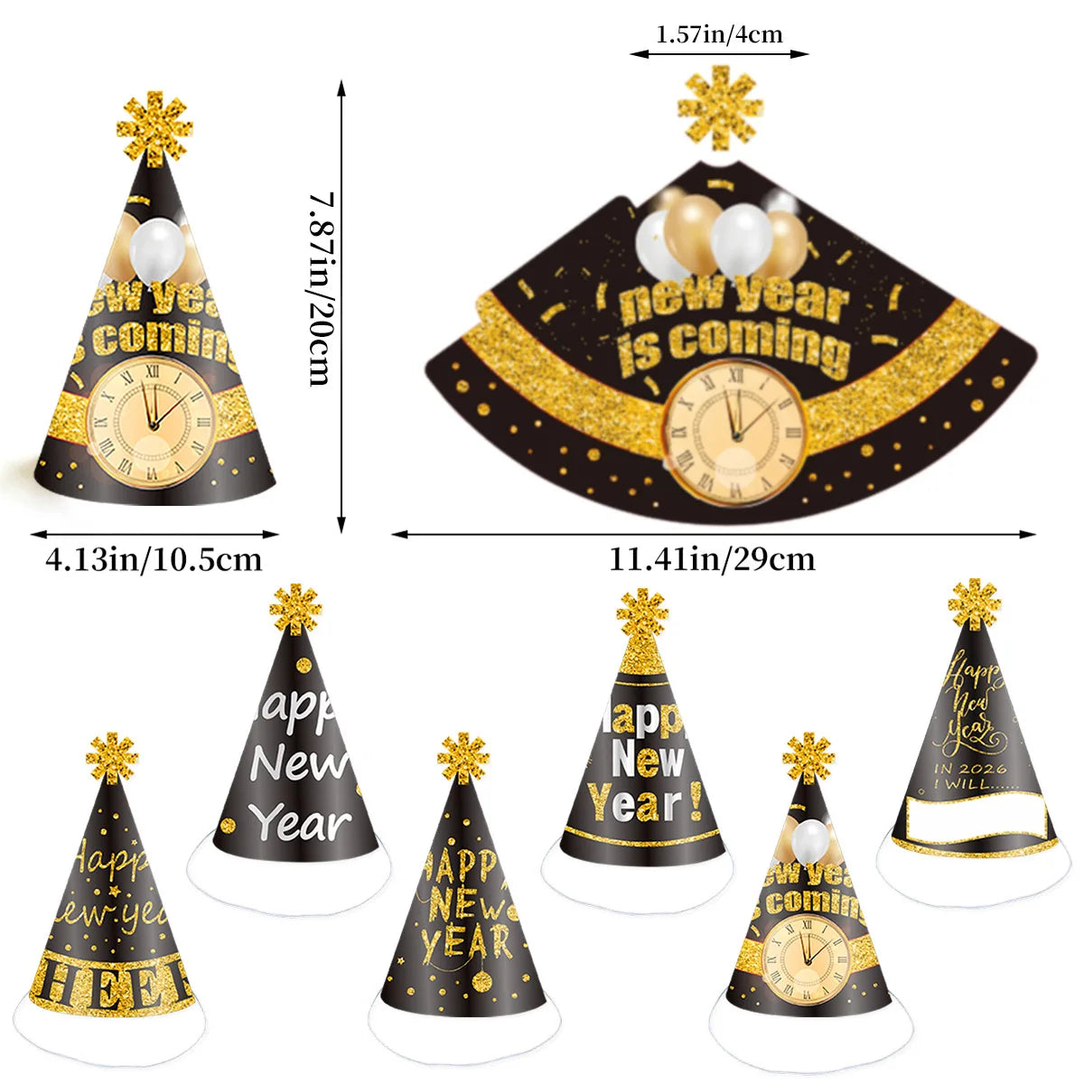 6pcs Black & Gold 2026 New Year Paper Cone Hats