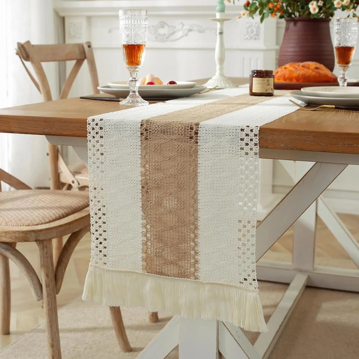 Boho Farmhouse Linen Table Runner with Tassels - candletown.net