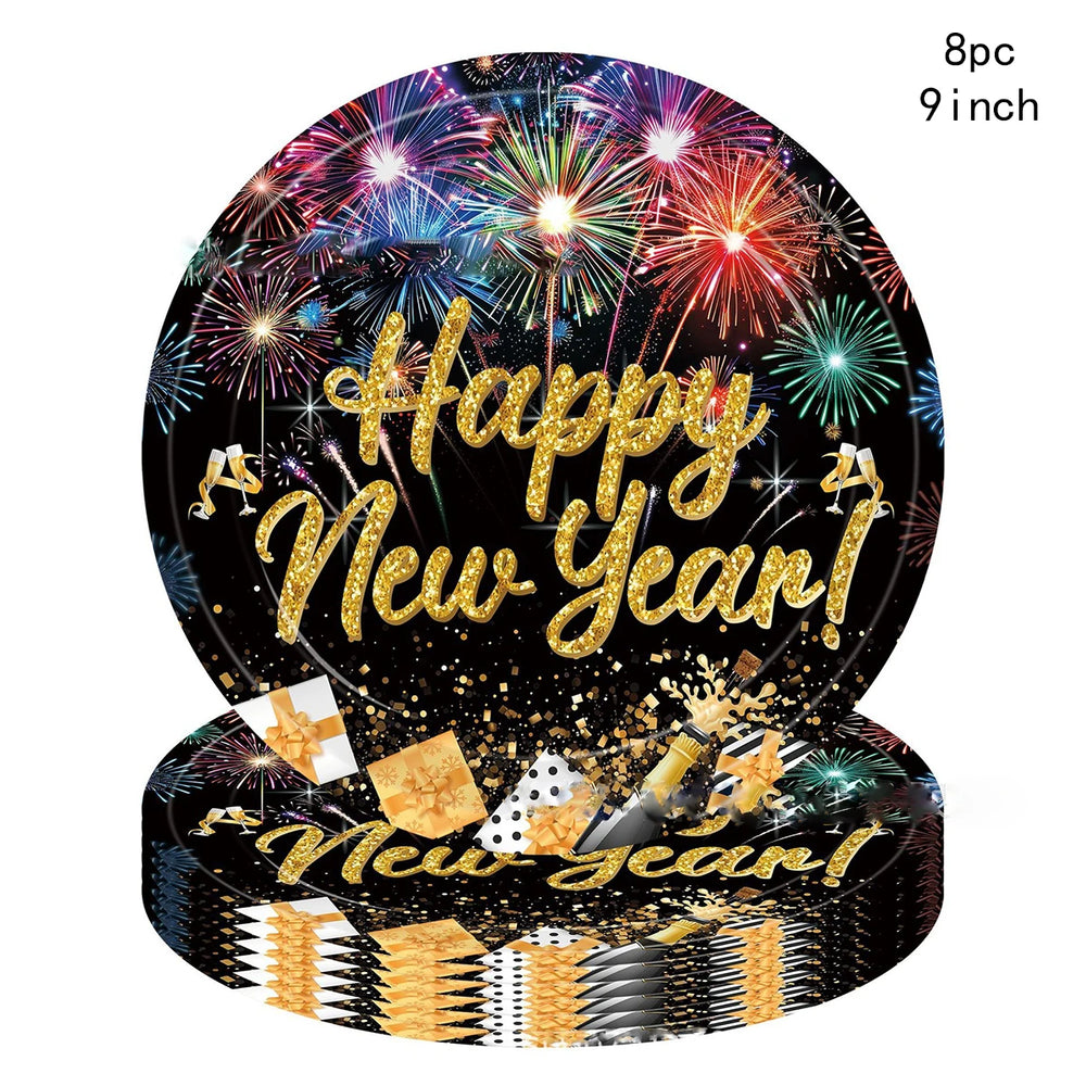 New Year's Eve party decorations with fireworks and 'Happy New Year!' text on a black background.