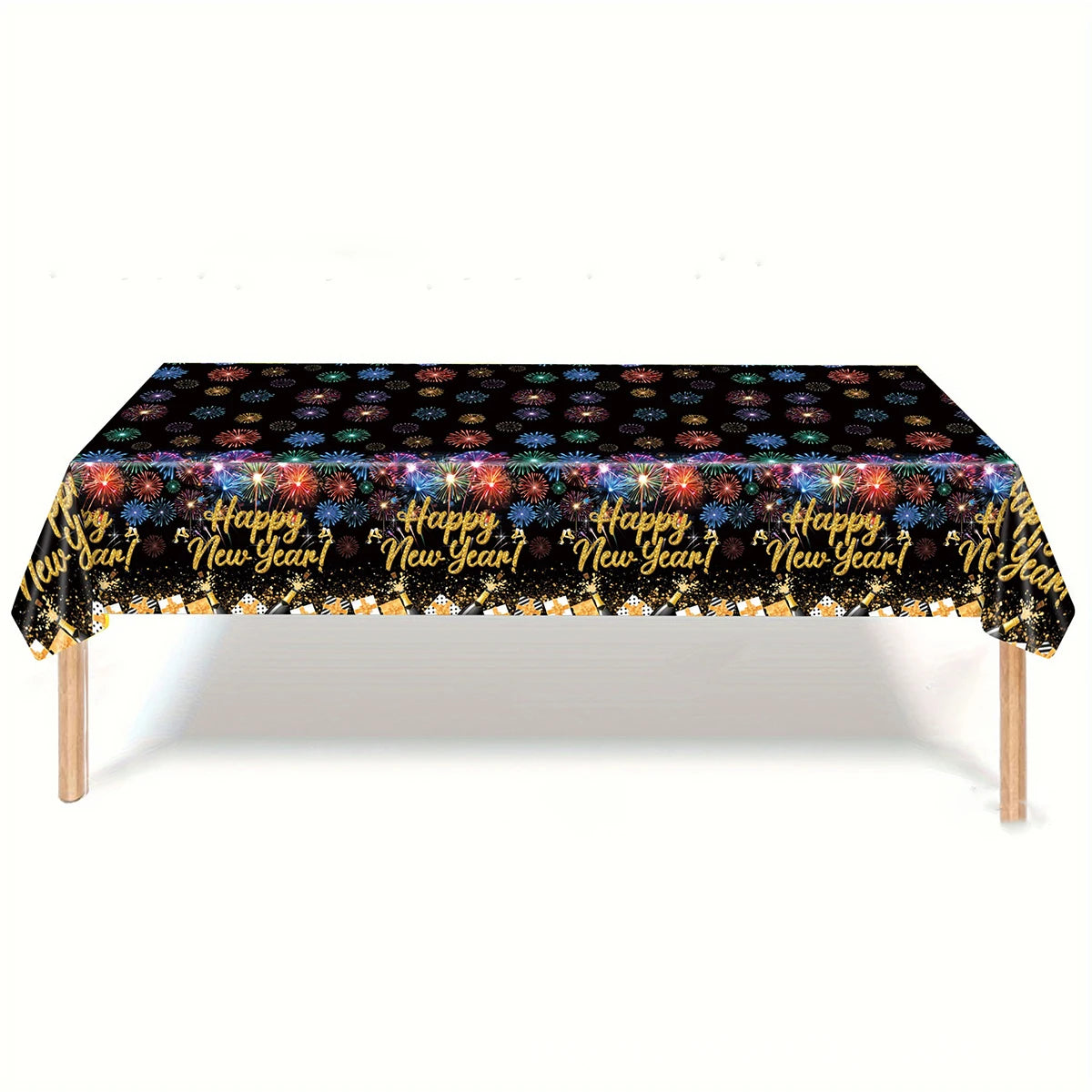 Tablecloth with 'Happy New Year!' text and fireworks design on a black background