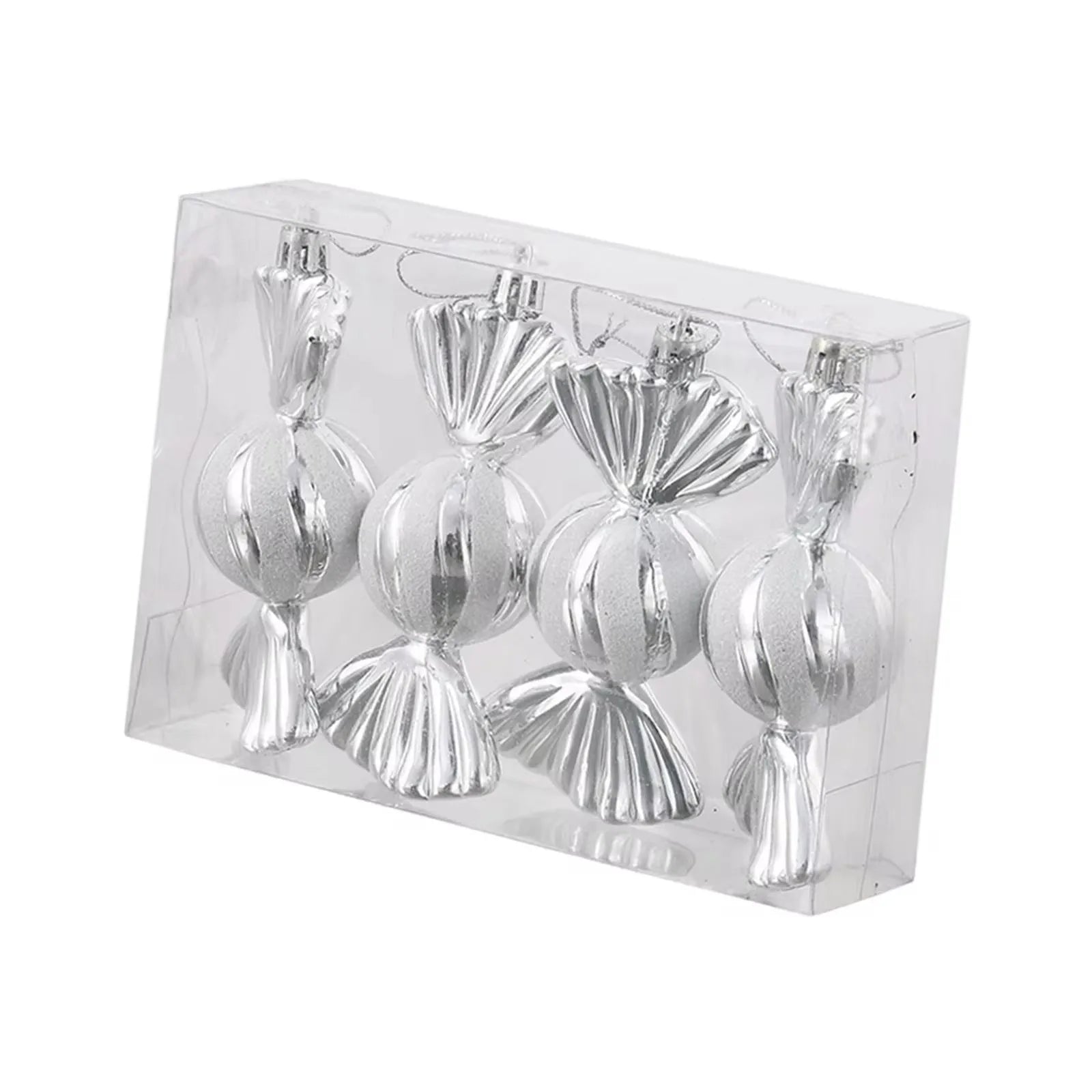 Set of silver Christmas ornaments in a clear packaging box on a white background