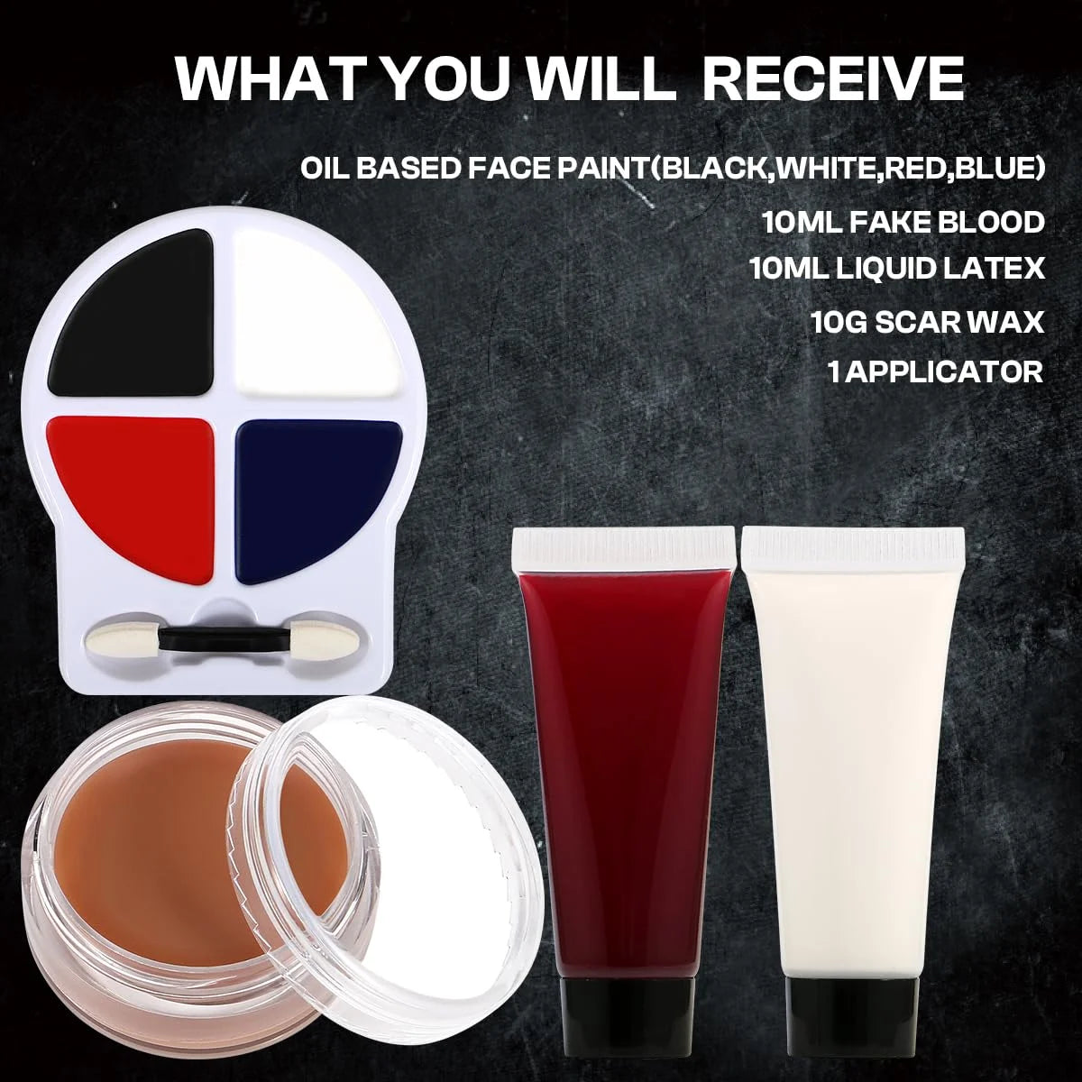 Halloween Makeup Kit – 4 Colors, Fake Blood & Scar Wax