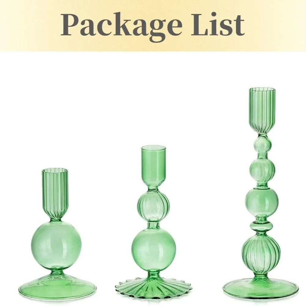 Three green glass candle holders on a white background with 'Package List' text at the top.