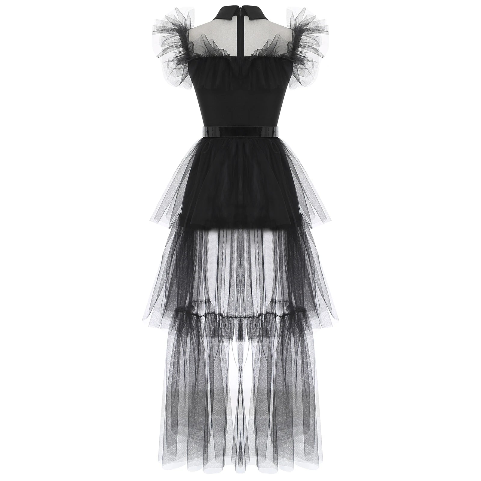 Gothic Witch Halloween Costume for Adults – Ruffled Mesh Long Dress with Belt