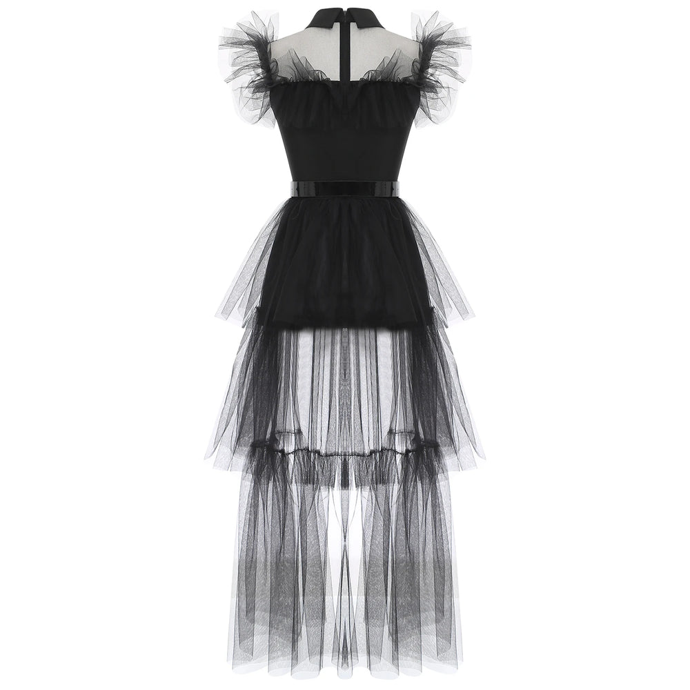 Gothic Witch Halloween Costume for Adults – Ruffled Mesh Long Dress with Belt - candletown.net
