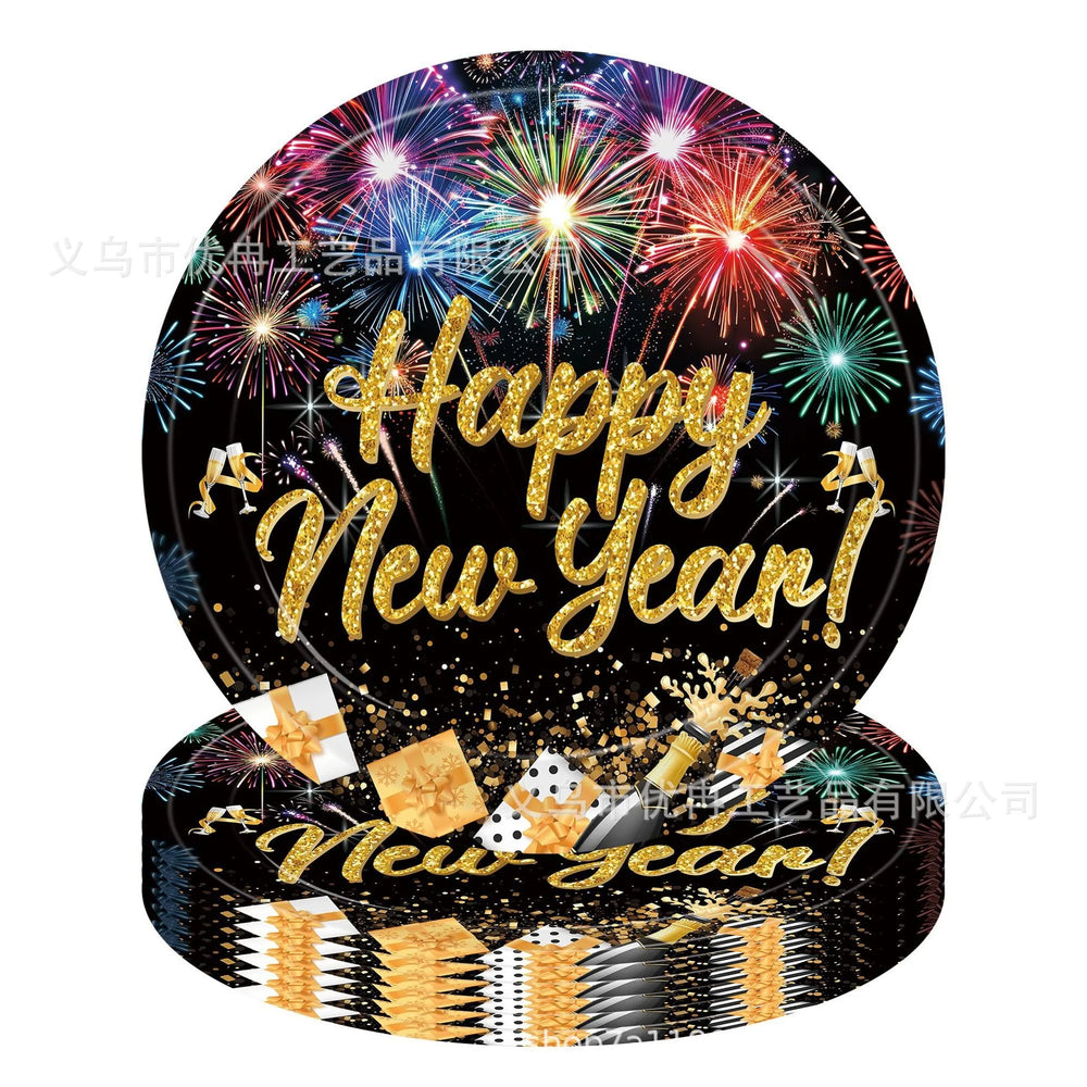Round decorative item with 'Happy New Year!' text and fireworks design on a white background