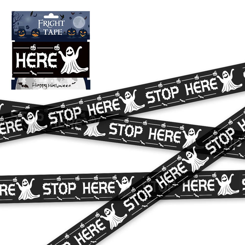 Halloween-themed tape with 'STOP HERE' text and ghost graphics, displayed with packaging.