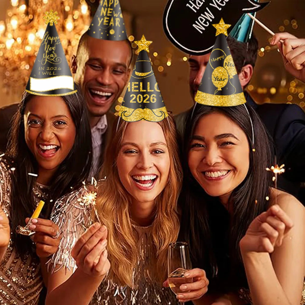 6pcs Black & Gold 2026 New Year Paper Cone Hats