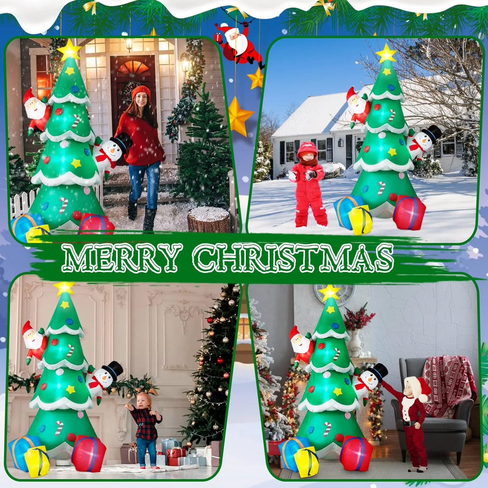 Inflatable Christmas tree with children and decorations in various settings.