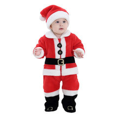 Baby wearing a red Santa Claus costume on a white background