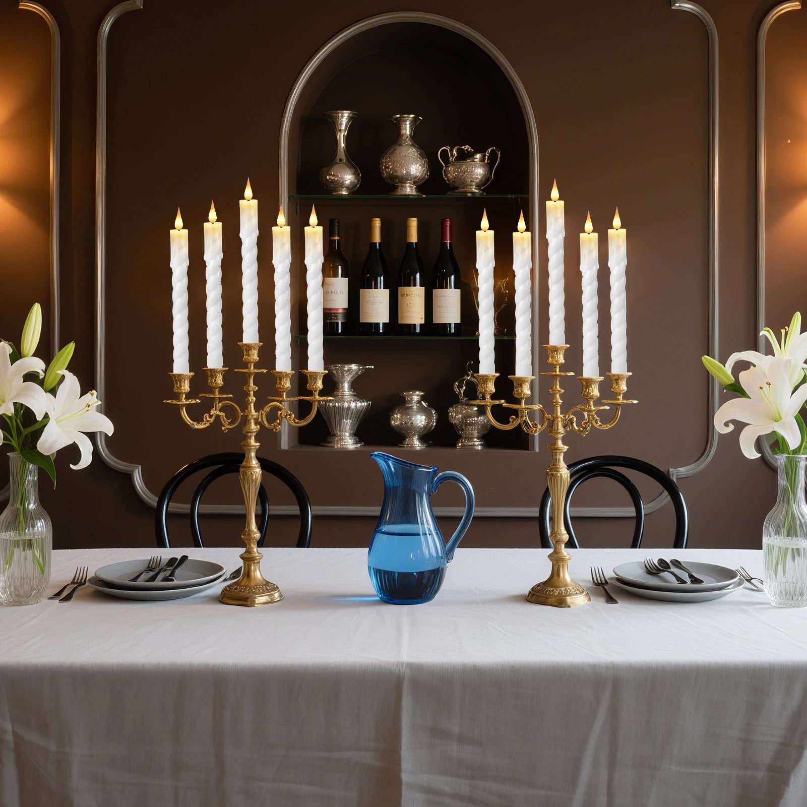 6Pcs Flameless LED Taper Candle Set with Timer and Holders