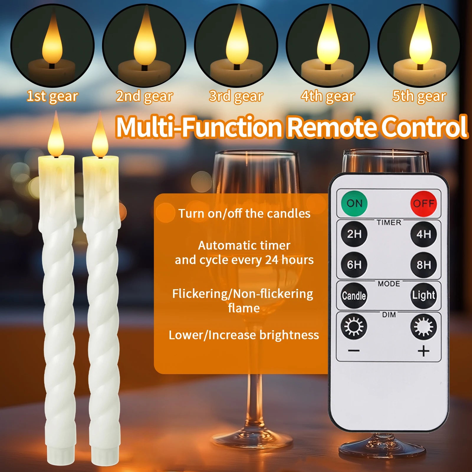 6Pcs Flameless LED Taper Candle Set with Timer and Holders