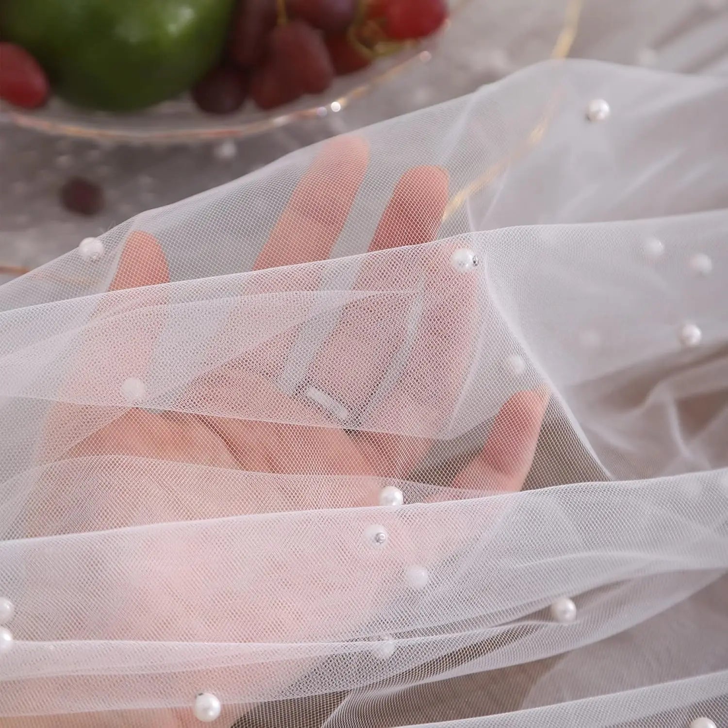 White Pearl Table Runner – Lace Tulle Wedding Decor