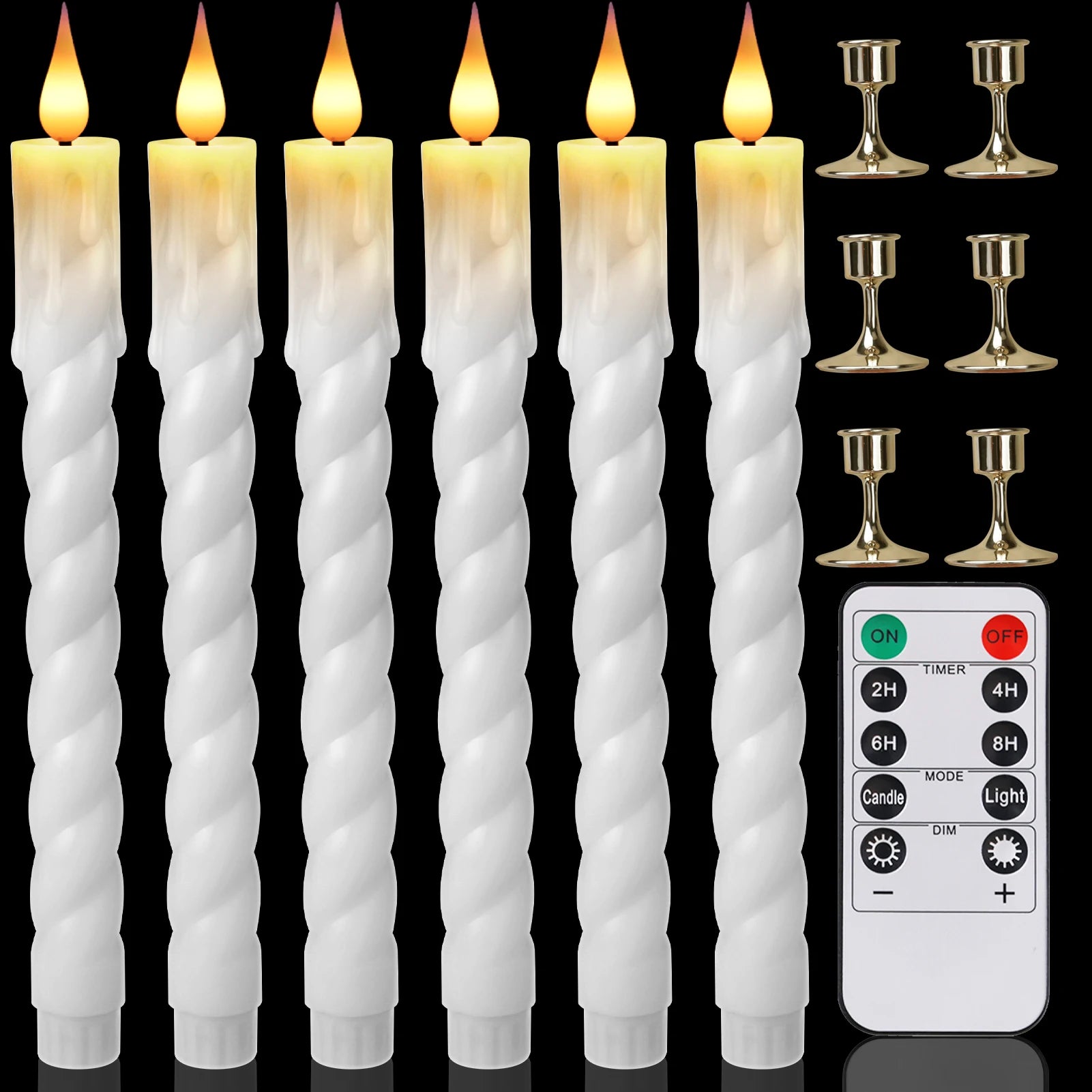 6Pcs Flameless LED Taper Candle Set with Timer and Holders