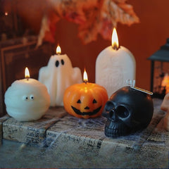 Halloween Kynttiläsarja – Käsintehdyt Tuoksukynttilät (Kallo, Kurpitsa, Hautakivi)