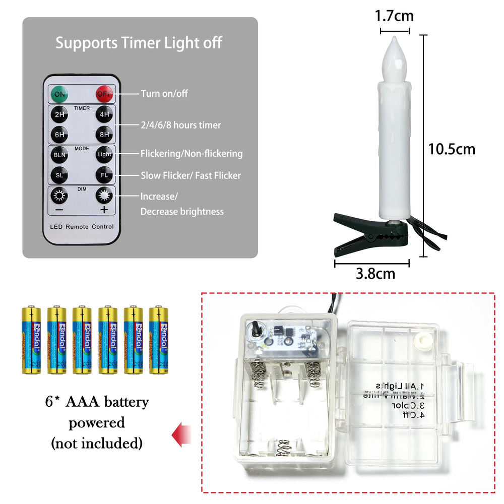 LED remote control with battery pack, candle light, and remote control dimensions on a white background