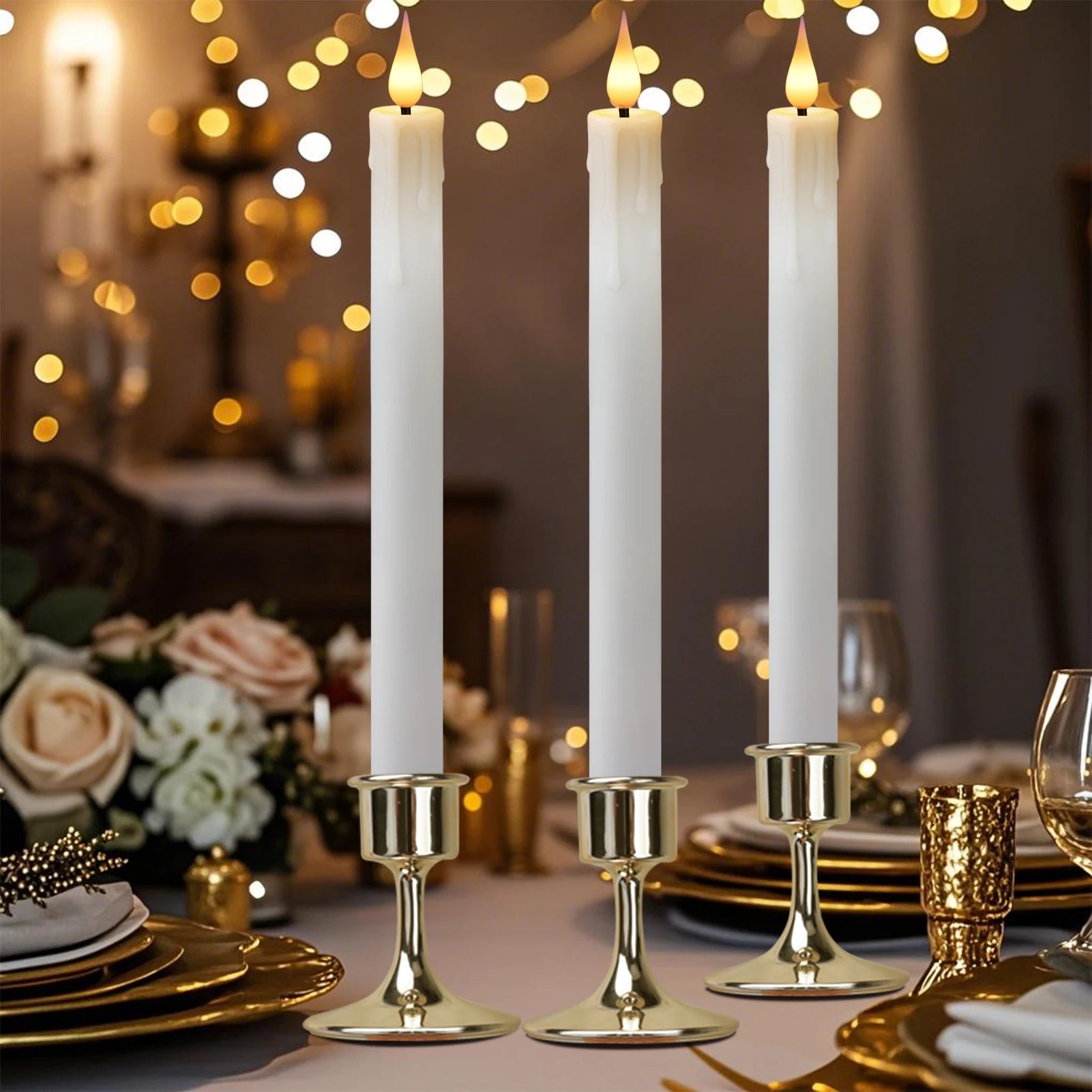 6Pcs Flameless LED Taper Candle Set with Timer and Holders