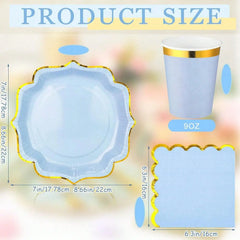 Product size chart with blue plates and cups on a colorful background