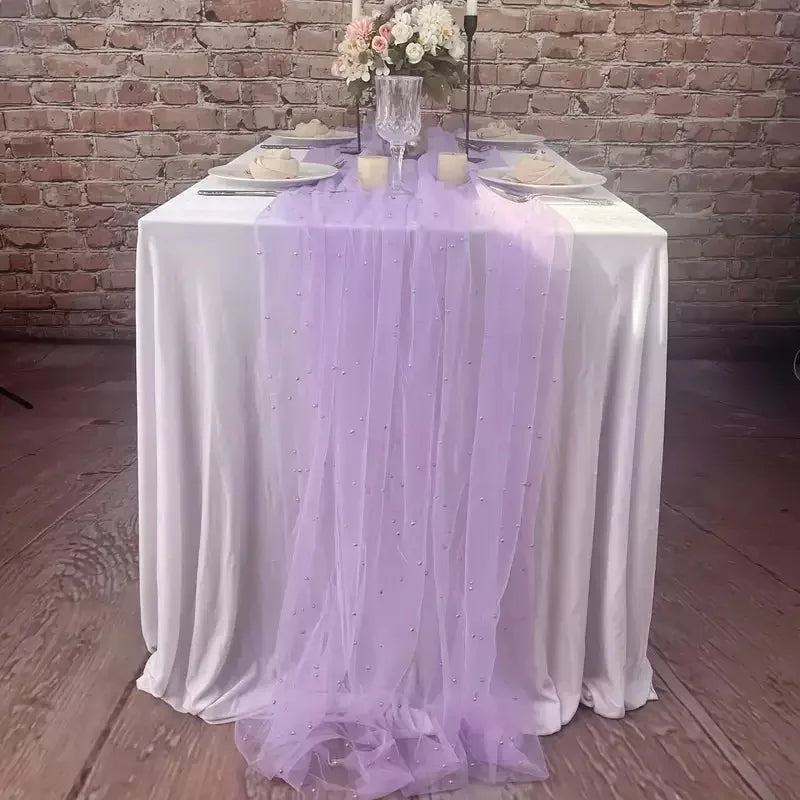 White Pearl Table Runner – Lace Tulle Wedding Decor