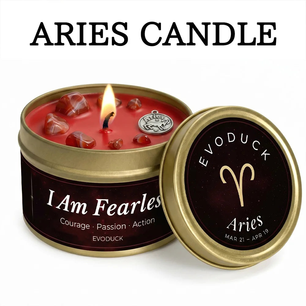 Aries candle in a gold tin with 'I Am Fearless' text, Evoduck brand visible