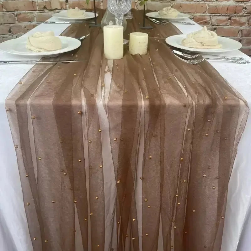 White Pearl Table Runner – Lace Tulle Wedding Decor