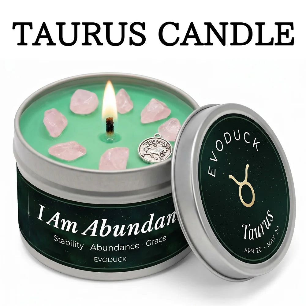 Taurus candle in a tin with 'I Am Abundant' text and Evoduck branding.