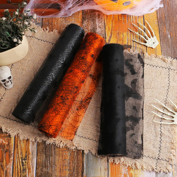 Halloween Mesh Lace Table Runner – Bat, Spider Web & Skull Design - candletown.net