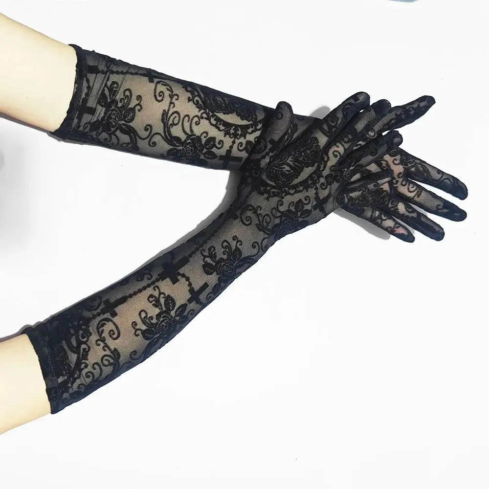 Skeleton Cross Lace Fingerless Gloves – Halloween Cosplay Accessory