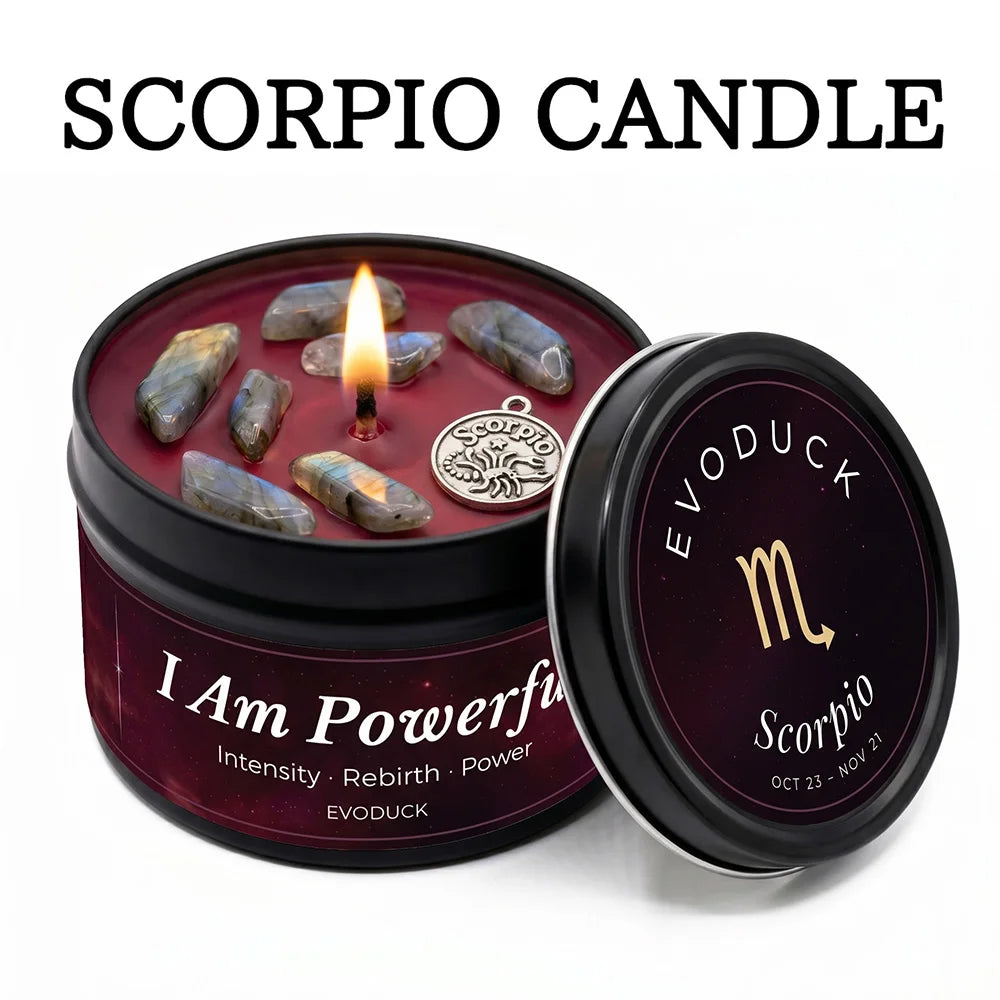 Scorpio candle in a tin with 'I Am Powerful' text and Evoduck branding.