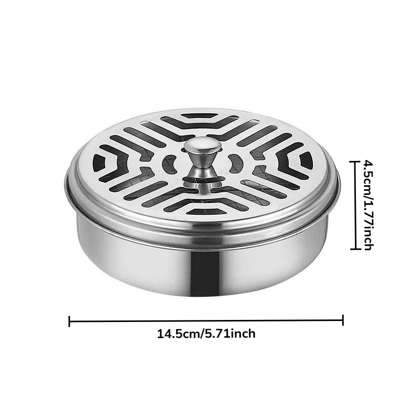 Stainless steel incense burner with geometric design and dimensions on a white background