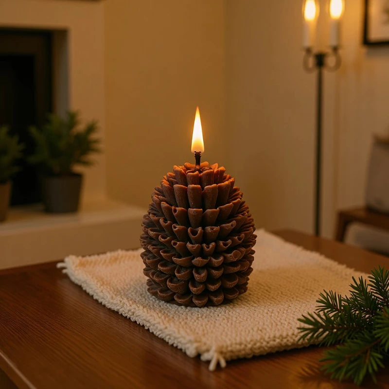 Pine cone candle on a table with a blurred background