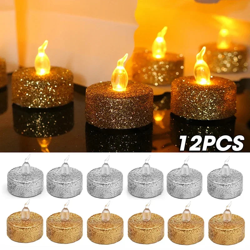 Gold or Silver Glitter LED Flameless Tealight Candles – 3/6/12pcs Set