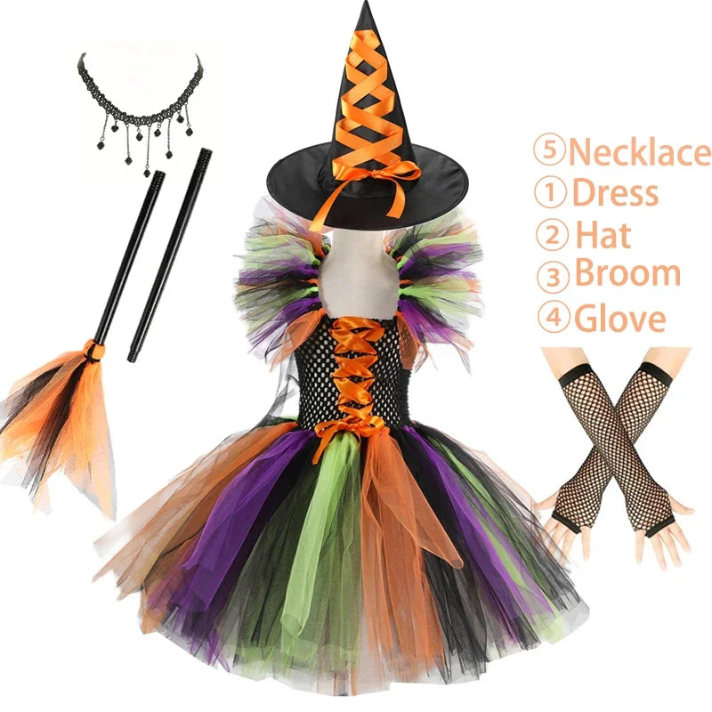 Kids Witch Costume – Hat, Broom & Accessory Options (Multicolor)