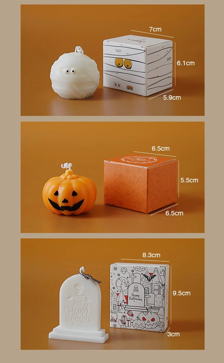 Halloween Kynttiläsarja – Käsintehdyt Tuoksukynttilät (Kallo, Kurpitsa, Hautakivi)