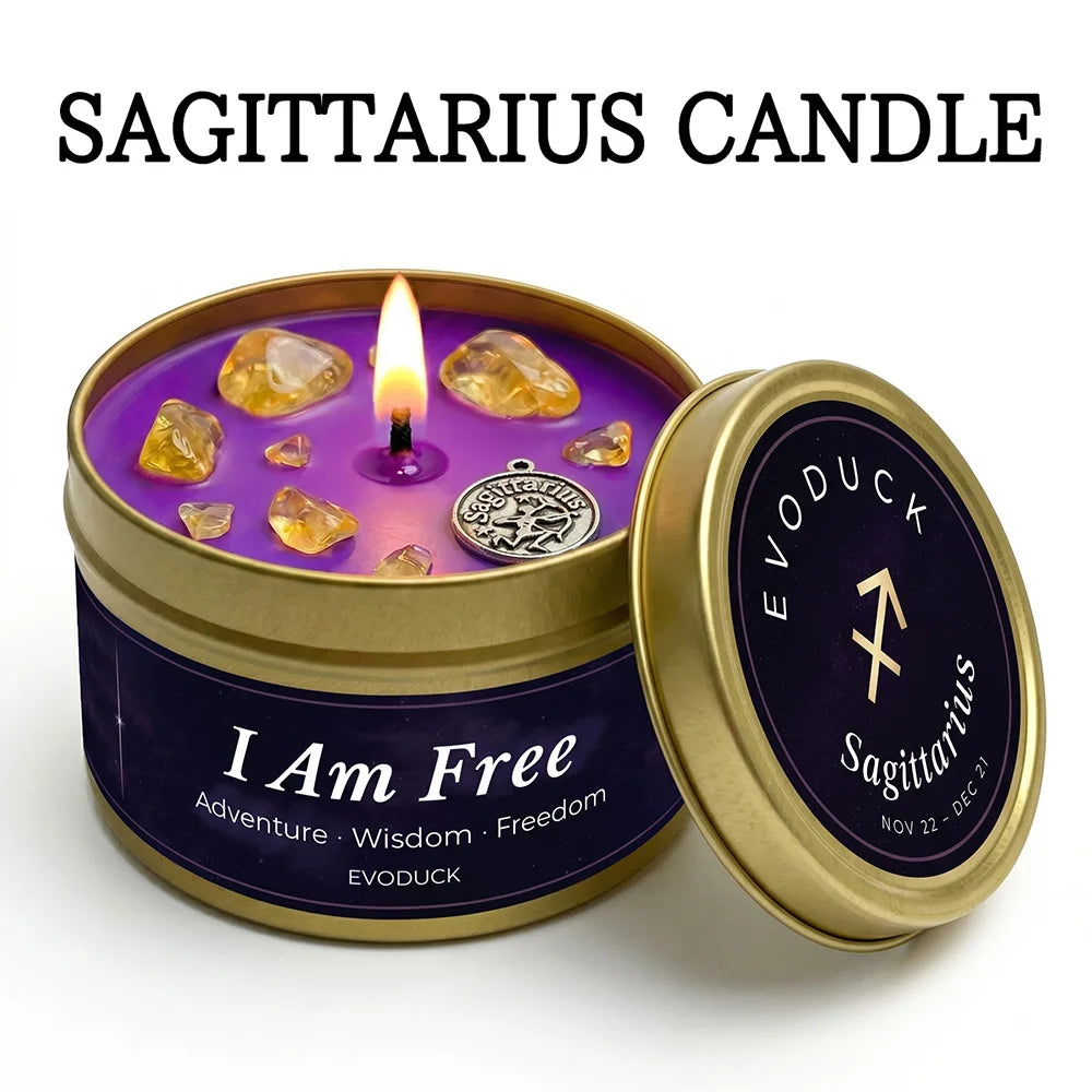 Sagittarius candle in a tin with purple wax and gold lid, featuring the brand 'EVODUCK'.