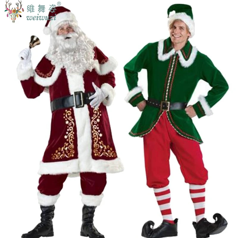 Two people in Christmas-themed costumes, one resembling Santa Claus and the other an elf, on a white background.