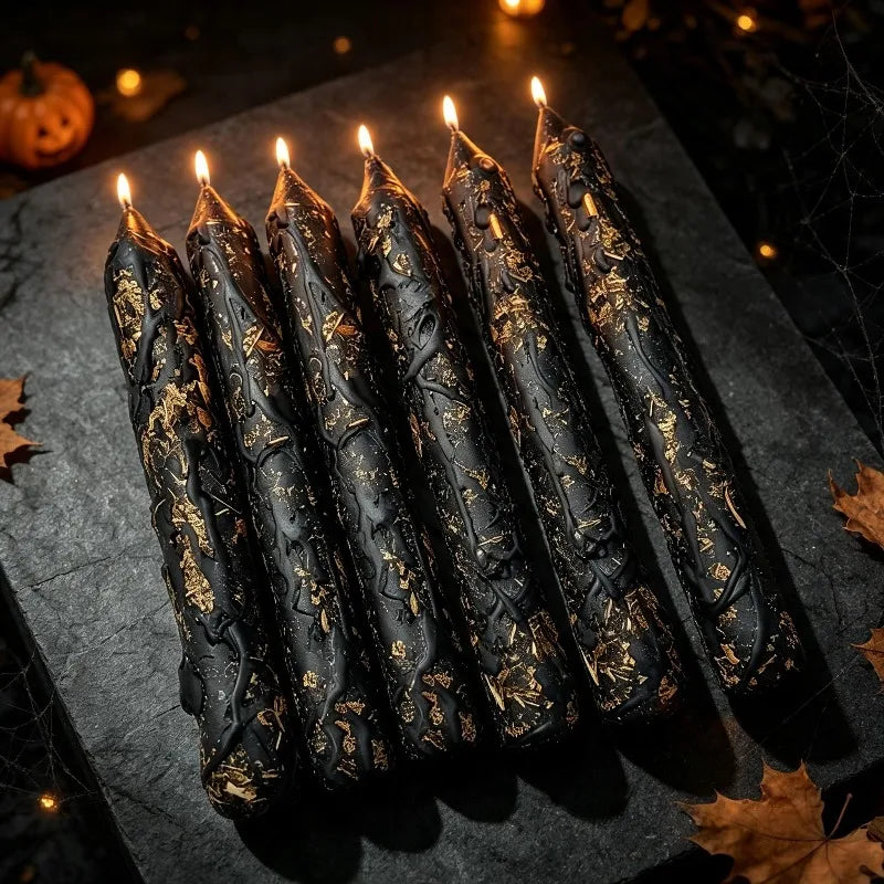 Black & Gold Drip Taper Candles – 6-Piece Gothic Candle Set - candletown.net