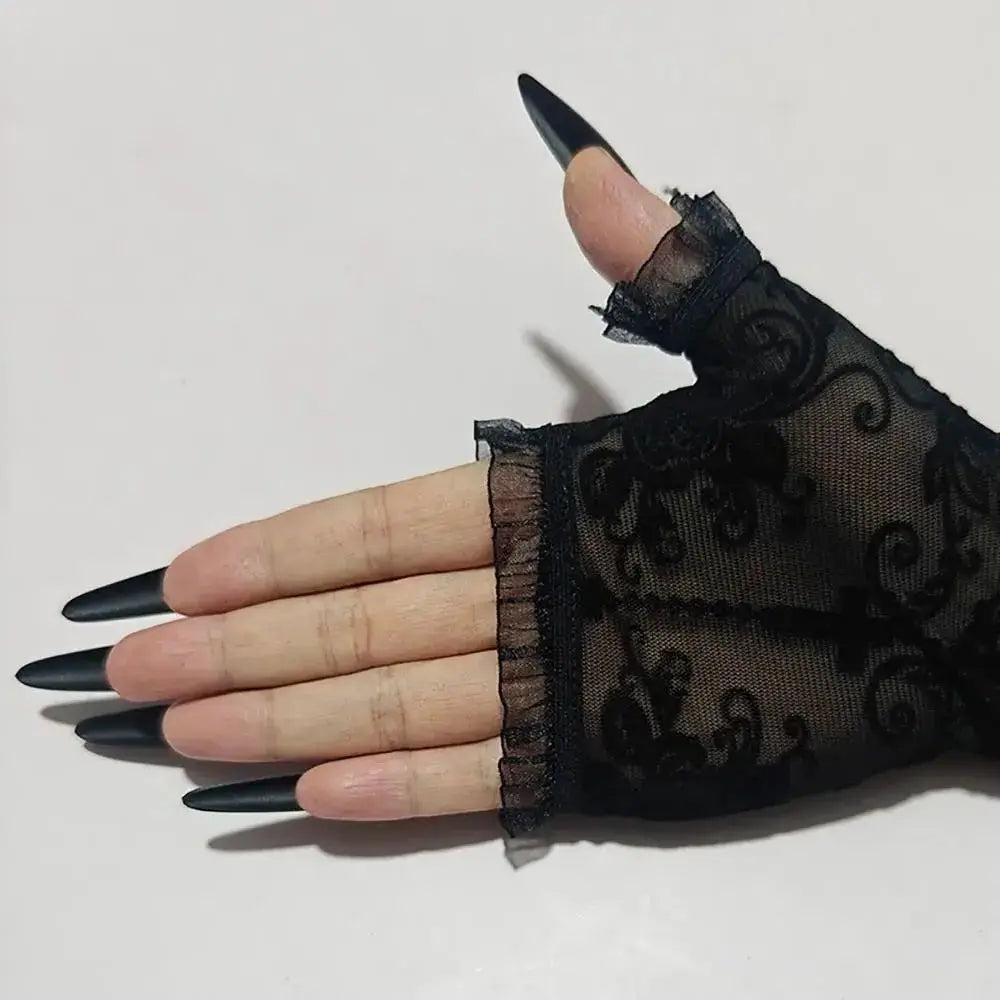 Skeleton Cross Lace Fingerless Gloves – Halloween Cosplay Accessory